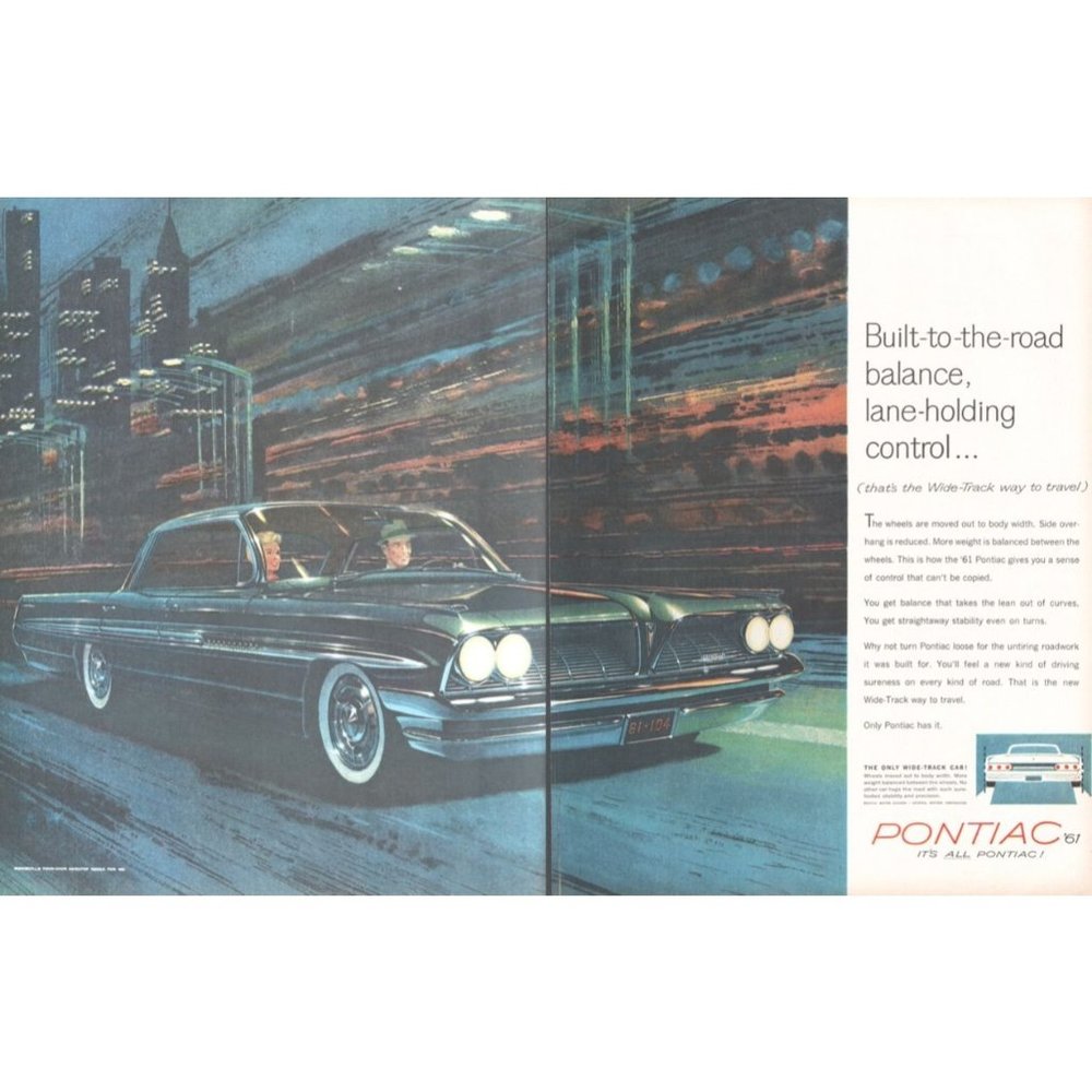 1960 Pontiac Bonneville Hardtop 2 Page Vintage Print Ad City Skyline Time Lapse
